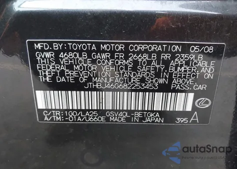2008 Lexus Es 350 from USA, damaged, VIN JTHBJ46G682253453